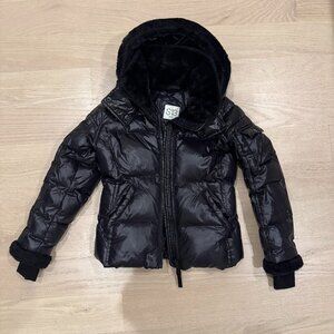 S13 Black Down Puffer Coat Faux Fur Trim Girls Black Size 8